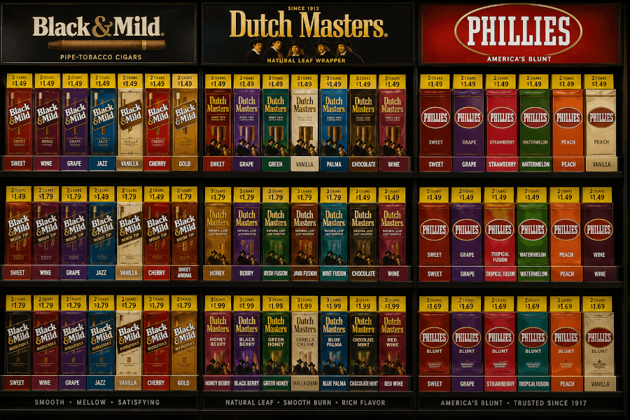 Fully stocked cigar wall at Lionz — Black & Mild, Dutch Masters and Phillies by flavor