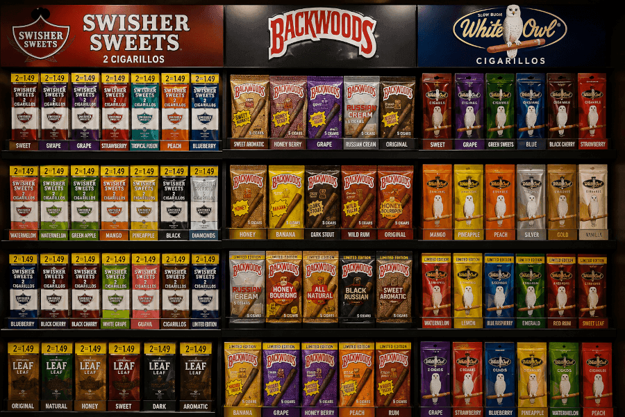 Flavored cigar wall at Lionz — Swisher Sweets, Backwoods and White Owl cigarillos organized by flavor