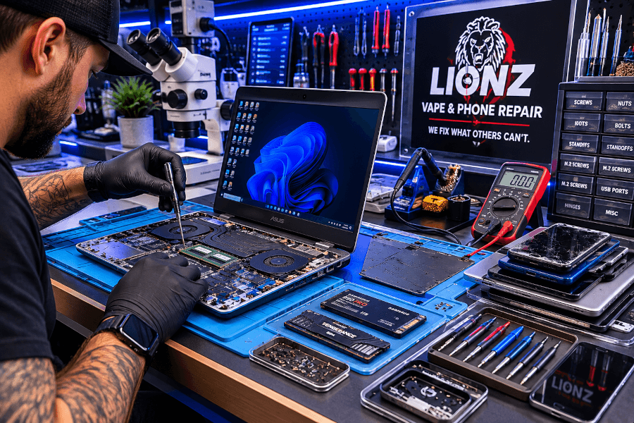 Lionz technician upgrading a laptop with SSD and RAM at the repair bench