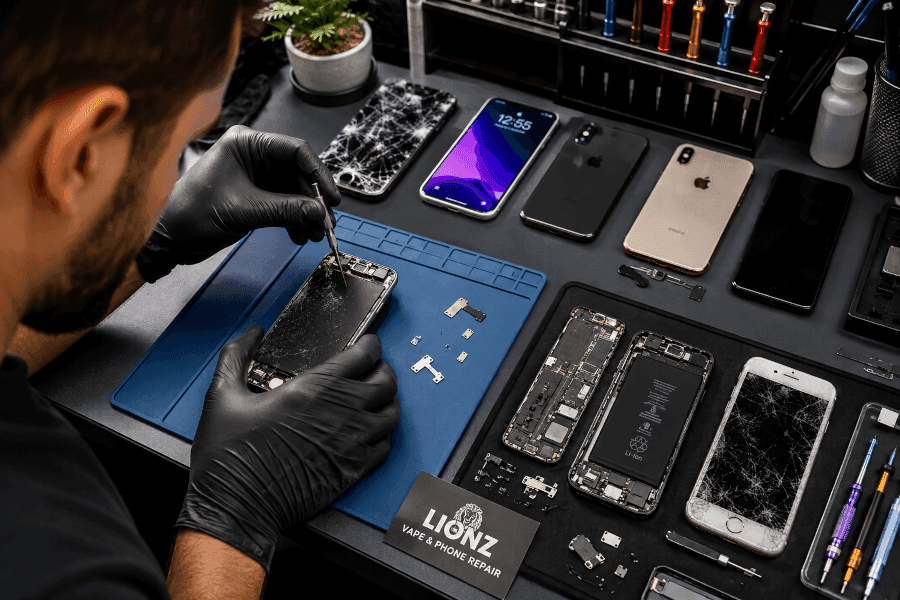 Lionz technician repairing a cracked phone screen at the repair bench